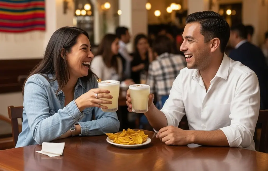 chica alegre tomando un pisco sour acompañada