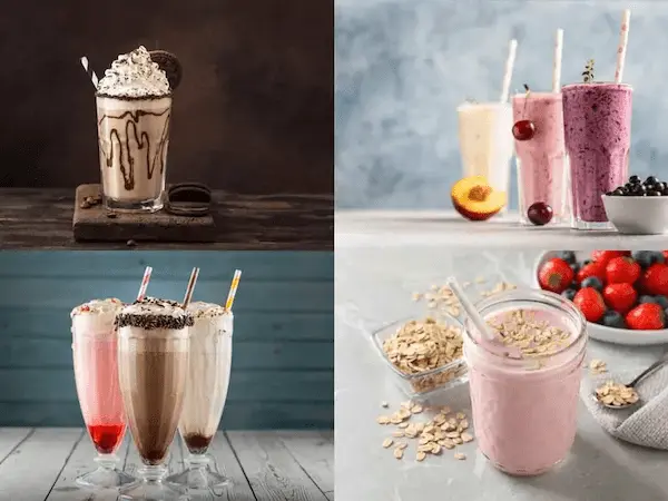 Comparación de malta con leche con chocolate caliente y batido de frutas