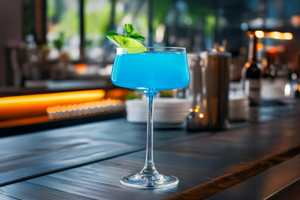 Cóctel Long Island Blue en vaso alto con color azul brillante en barra